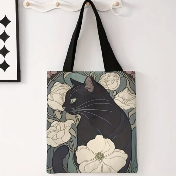 Cat and Camelias Reusable Shopping Tote Poly Canvas - Picture 1 of 4